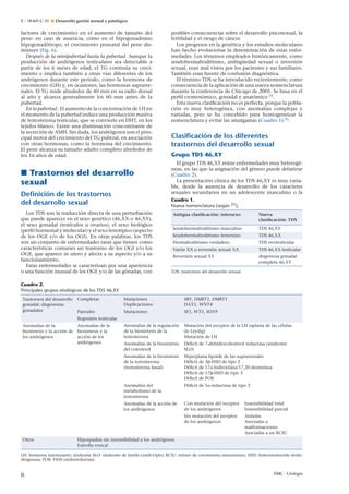 E – 18-601-C-10  Desarrollo genital normal y patológico
factores de crecimiento) en el aumento de tamaño del
pene: en caso de ausencia, como en el hipogonadismo
hipogonadótropo, el crecimiento posnatal del pene dis-
minuye (Fig. 6).
Después de la minipubertad hasta la pubertad. Aunque la
producción de andrógenos testiculares sea detectable a
partir de los 6 meses de edad, el TG continúa su creci-
miento e implica también a otras vías diferentes de los
andrógenos durante este período, como la hormona de
crecimiento (GH) y, en ocasiones, las hormonas suprarre-
nales. El TG mide alrededor de 40 mm en su radio dorsal
al año y alcanza generalmente los 60 mm antes de la
pubertad.
En la pubertad. El aumento de la concentración de LH en
el momento de la pubertad induce una producción masiva
de testosterona testicular, que se convierte en DHT, en los
tejidos blanco. Existe una disminución concomitante de
la secreción de AMH. Sin duda, los andrógenos son el prin-
cipal motor del crecimiento del TG puberal, en asociación
con otras hormonas, como la hormona del crecimiento.
El pene alcanza su tamaño adulto completo alrededor de
los 16 años de edad.
 Trastornos del desarrollo
sexual
Definición de los trastornos
del desarrollo sexual
Los TDS son la traducción directa de una perturbación
que puede aparecer en el sexo genético (46,XX o 46,XY),
el sexo gonadal (testículos u ovarios), el sexo biológico
(perﬁl hormonal y molecular) y el sexo fenotípico (aspecto
de los OGE y/o de los OGI). En otras palabras, los TDS
son un conjunto de enfermedades raras que tienen como
características comunes un trastorno de los OGI y/o los
OGE, que aparece in utero y afecta a su aspecto y/o a su
funcionamiento.
Estas enfermedades se caracterizan por una apariencia
o una función inusual de los OGE y/o de las gónadas, con
posibles consecuencias sobre el desarrollo psicosexual, la
fertilidad y el riesgo de cáncer.
Los progresos en la genética y los estudios moleculares
han hecho evolucionar la denominación de estas enfer-
medades. Los términos empleados históricamente, como
seudohermafroditismo, ambigüedad sexual o inversión
sexual, eran mal vistos por los pacientes y sus familiares.
También eran fuente de confusión diagnóstica.
El término TDS se ha introducido recientemente, como
consecuencia de la aplicación de una nueva nomenclatura
durante la conferencia de Chicago de 2005. Se basa en el
perﬁl cromosómico, gonadal y anatómico [9]
.
Esta nueva clasiﬁcación no es perfecta, porque la pobla-
ción es muy heterogénea, con anomalías complejas y
variadas, pero se ha concebido para homogeneizar la
nomenclatura y evitar las amalgamas (Cuadro 1) [9]
.
Clasificación de los diferentes
trastornos del desarrollo sexual
Grupo TDS 46,XY
El grupo TDS 46,XY reúne enfermedades muy heterogé-
neas, en las que la asignación del género puede debatirse
(Cuadro 2).
La presentación clínica de los TDS 46,XY es muy varia-
ble, desde la ausencia de desarrollo de los caracteres
sexuales secundarios en un adolescente masculino o la
Cuadro 1.
Nueva nomenclatura (según [9]).
Antigua clasiﬁcación: intersexo Nueva
clasiﬁcación: TDS
Seudohermafroditismo masculino TDS 46,XY
Seudohermafroditismo femenino TDS 46,XX
Hermafroditismo verdadero TDS ovotesticular
Varón XX o reversión sexual XX TDS 46,XX testicular
Reversión sexual XY disgenesia gonadal
completa 46,XY
TDS: trastornos del desarrollo sexual.
Cuadro 2.
Principales grupos etiológicos de los TDS 46,XY.
Trastornos del desarrollo
gonadal: disgenesias
gonadales
Completas Mutaciones
Duplicaciones
SRY, DMRT1, DMRT1
DAX1, WNT4
Parciales Mutaciones SF1, WT1, SOX9
Regresión testicular
Anomalías de la
biosíntesis y la acción de
los andrógenos
Anomalías de la
biosíntesis y la
acción de los
andrógenos
Anomalías de la regulación
de la biosíntesis de la
testosterona
Mutación del receptor de la LH (aplasia de las células
de Leydig)
Mutación de LH
Anomalías de la biosíntesis
del colesterol
Déﬁcit de 7-dehidrocolesterol reductasa (síndrome
SLO)
Anomalías de la biosíntesis
de la testosterona
(testosterona basal)
Hiperplasia lipoide de las suprarrenales
Déﬁcit de 3␤-HSD de tipo 2
Déﬁcit de 17␣-hidroxilasa/17,20 desmolasa
Déﬁcit de 17␤-HSD de tipo 3
Déﬁcit de POR
Anomalías del
metabolismo de la
testosterona
Déﬁcit de 5␣-reductasa de tipo 2
Anomalías de la acción de
los andrógenos
Con mutación del receptor
de los andrógenos
Insensibilidad total
Insensibilidad parcial
Sin mutación del receptor
de los andrógenos
Aisladas
Asociadas a
malformaciones
Asociadas a un RCIU
Otros Hipospadias sin insensibilidad a los andrógenos
Extroﬁa vesical
LH: hormona luteinizante; síndrome SLO: síndrome de Smith-Lemli-Opitz; RCIU: retraso de crecimiento intrauterino; HSD: hidroxiesteroide deshi-
drogenasa; POR: P450 oxidorreductasa.
6 EMC - Urología
 