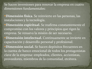 Se hacen inversiones para renovar la empresa en cuatro dimensiones fundamentales: Dimensión física .  Se reinvierte en las personas, las instalaciones y la tecnología. Dimensión espiritual.   Se reafirma constantemente el compromiso con los valores y principios que rigen la empresa. Se renueva la misión de ser necesario. Dimensión intelectual.   Continuamente se invierte en capacitación y desarrollo personal y profesional. Dimensión social.  Se hacen depósitos frecuentes en la cuenta de banco emocional de todos los protagonistas clave de la empresa: empleados, clientes, accionistas, proveedores, miembros de la comunidad, etcétera. 