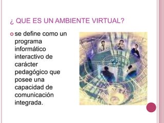 ¿ QUE ES UN AMBIENTE VIRTUAL?se define como un programa informático interactivo de carácter pedagógico que posee una capacidad de comunicación integrada.