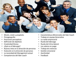 •  Misión,	
  visión	
  y	
  propósito	
  
•  Psicogeograﬁa	
  
•  Posiciones	
  percep+vas	
  
•  Deﬁnición	
  de	
  obje+vos	
  
•  Crea+vidad	
  Disney	
  
•  ¿Qué	
  es	
  el	
  liderazgo?	
  
•  Nuevos	
  retos	
  en	
  la	
  dirección	
  de	
  personas	
  
•  Evolución	
  en	
  la	
  dirección	
  de	
  personas	
  
•  La	
  necesidad	
  del	
  Management	
  actual	
  
•  Competencias	
  del	
  líder	
  coach	
  
•  Caracterís+cas	
  diferenciales	
  del	
  líder	
  Coach	
  
•  Trabajo	
  en	
  equipo	
  Genera+vo	
  
•  La	
  rueda	
  empresarial	
  
•  Rueda	
  del	
  liderazgo	
  
•  Rueda	
  del	
  clima	
  laboral	
  
•  Los	
  valores	
  en	
  juego	
  
•  Trabajo	
  de	
  creencias	
  
•  Ges+ón	
  emocional	
  
•  Aser+vidad	
  
•  Feedback	
  	
  
 