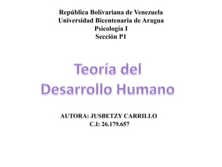 República Bolivariana de Venezuela
Universidad Bicentenaria de Aragua
Psicología I
Sección P1
AUTORA: JUSBETZY CARRILLO
C.I: 26.179.657
 