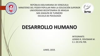 INTEGRANTE:
LIENDO R, YOVISMAR M.
C.I: 29.576.709.
REPÚBLICA BOLIVARIANA DE VENEZUELA
MINISTERIO DEL PODER POPULAR PARA LA EDUCACIÓN SUPERIOR
UNIVERSIDAD BICENTENARIA DE ARAGUA
SAN JOAQUÍN DE TURMERO
ESCUELA DE PSICOLOGÍA
JUNIO, 2019.
 