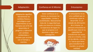 Adaptación:
Adaptación significa
literalmente los
cambios físicos y
psicológicos que
experimenta un ser
humano con el fin de
desarrollar el
progreso y sobrevivir
con cambios
ambientales y
sociales que ocurren
con el tiempo y
eventos.
Confianza en Sí Mismo:
Tener confianza en sí
mismo, es reconocer las
capacidades. Límites y
posibilidades. Básicamente
trata de: la seguridad que
cada uno tiene en sí mismo,
la esperanza de lograr lo
que se propone o el
dominio y vigor para
conseguirlo.
Entusiasmo:
El entusiasmo no es
una cualidad que se
construye o que se
desarrolla. Es un
estado de afirmación
de sí mismo. La
persona entusiasta es
aquella que cree en su
capacidad de
transformar las cosas,
cree en sí misma, cree
en los demás, cree en
la fuerza que tiene
para transformar el
mundo y su propia
realidad.
 
