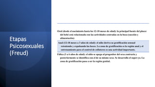 Etapas
Psicosexuales
(Freud)
Oral (desde el nacimiento hasta los 12-18 meses de edad): la principal fuente del placer
del bebé está relacionada con las actividades centradas en la boca (succión y
alimentación)
Anal (12-18 meses a 3 años de edad): el niño deriva su gratificación sensual
reteniendo y expulsando las heces. La zona de gratificación es la región anal y el
entrenamiento para el control de esfínteres es una actividad importante.
Fálica (3 a 6 años de edad): el niño se apega al progenitor del sexo contrario y
posteriormente se identifica con el de su mismo sexo. Se desarrollo el super-yo. La
zona de gratificación pasa a ser la región genital.
 