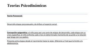 Teorías Psicodinámicas
Teoría Psicosocial:
Desarrolla etapas psicosexuales; da énfasis al aspecto social.
Concepción epigenética: el niño pasa por una serie de etapas de desarrollo, cada etapa con su
crisis específica; el niño enfrenta cada crisis en determinado momento de acuerdo a la relación
que tenga con sus padres.
Presenta ocho etapas desde el nacimiento hasta la vejez. Diferente a Fred que lo limitó a la
adolescencia.
 