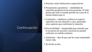 Continuación
a.Presenta varias limitaciones cognoscitivas:
b.Pensamiento egocéntrico – inhabilidad de
asumirlas perspectivas de otras personas. El niño
piensa que todo el mundo percibe las cosas de la
misma manera que el.
c.Centración – tendencia a enfocar un aspecto
especifico de una situación o cosa, ignorando
otros aspectos que conforman la situación.
d.Irreversibilidad – incapacidad para entender que
la secuencia de acciones consecutivas pueden
realizarse en sentido contrario.
e.Animismo – idea de que aun las cosas inanimadas
tienen vida.
f. Se divide en dos:
 