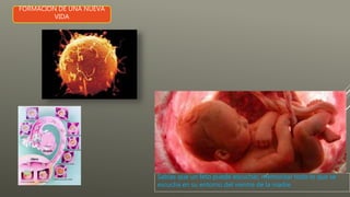 FORMACION DE UNA NUEVA
VIDA
Sabias que un feto puede escuchar, memorizar todo lo que se
escucha en su entorno del vientre de la madre.
 