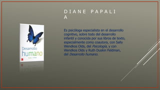 D I A N E P A P A L I
A
Es psicóloga especialista en el desarrollo
cognitivo, sobre todo del desarrollo
infantil y conocida por sus libros de texto,
especialmente como coautora, con Sally
Wendkos Olds, del Psicología, y con
Wendkos Olds y Ruth Duskin Feldman,
del Desarrollo humano.
 