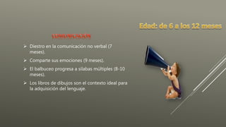 Diestro en la comunicación no verbal (7
meses).
 Comparte sus emociones (9 meses).
 El balbuceo progresa a silabas múltiples (8-10
meses).
 Los libros de dibujos son el contexto ideal para
la adquisición del lenguaje.
 