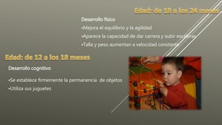 Desarrollo físico
Mejora el equilibrio y la agilidad
Aparece la capacidad de dar carrera y subir escaleras
Talla y peso aumentan a velocidad constante
Desarrollo cognitivo
Se establece firmemente la permanencia de objetos
Utiliza sus juguetes
 