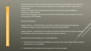 Desarrollo de la confianza-durante la primera etapa de vida hasta los 18 meses de
acuerdo a Erikson. Se desarrolla confianza con un cuidado sensible, responsivo y
consistente.
Erikson consideró que la actividad alimenticia era la idónea para establecer
confianza o desconfianza.
Desarrollo del apego-vínculo emocional entre el lactante y el proveedor de cuidos
de acuerdo a John Bowlby.
Patrones de apego:
Apego seguro- un lactante llora o protesta cuando el proveedor principal de
cuidados se aleja y busca nuevamente la atención del proveedor.
Apego evitante- el lactante rara vez llora cuando se separa del principal proveedor
de cuidados y evita el contacto cuando esa persona regresa
Cuestionesdeldesarrolloenlalactancia
Desarrollo moral-(socialización e internalización):
1. Socialización-es el proceso mediante el cual los niños desarrollan hábitos,valores
productivos en la sociedad.
2. Internalización-aceptan como propias las normas sociales.
 