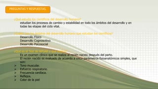 PREGUNTAS Y RESPUESTAS.
¿Qué estudia los científicos del desarrollo humano?
estudian los procesos de cambio y estabilidad en todo los ámbitos del desarrollo y en
todas las etapas del ciclo vital.
¿Cuáles son los ámbitos del desarrollo humano que estudian los científicos?
Desarrollo Físico
Desarrollo Cognoscitivo
Desarrollo Psicosocial
¿Qué es el Test de APGAR y qué evalua?
Es un examen clínico que se realiza al recién nacido después del parto.
El recién nacido es evaluado de acuerdo a cinco parámetros fisioanatómicos simples, que
son:
 Tono muscular.
 Esfuerzo respiratorio.
 Frecuencia cardíaca.
 Reflejos.
 Color de la piel
 