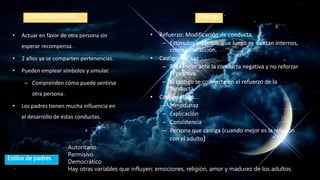 Conducta prosocial
• Actuar en favor de otra persona sin
esperar recompensa.
• 2 años ya se comparten pertenencias.
• Pueden emplear símbolos y simular.
– Comprenden cómo puede sentirse
otra persona.
• Los padres tienen mucha influencia en
el desarrollo de éstas conductas.
Crianza
• Refuerzo: Modificación de conducta.
– Estímulos externos, que luego se sientan internos,
como satisfacción.
• Castigo ineficaz
– Reprender ante la conducta negativa y no reforzar
la positiva.
– El castigo se convierte en el refuerzo de la
conducta.
• Castigo eficaz
– Inmediatez
– Explicación
– Consistencia
– Persona que castiga (cuando mejor es la relación
con el adulto)
Autoritario
Permisivo
Democrático
Hay otras variables que influyen: emociones, religión, amor y madurez de los adultos.
Estilos de padres
 