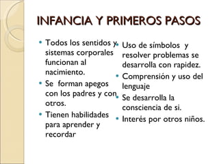INFANCIA Y PRIMEROS PASOS Todos los sentidos y sistemas corporales funcionan al nacimiento. Se  forman apegos con los padres y con otros. Tienen habilidades para aprender y recordar  Uso de símbolos  y resolver problemas se desarrolla con rapidez. Comprensión y uso del lenguaje Se desarrolla la consciencia de si. Interés por otros niños. 