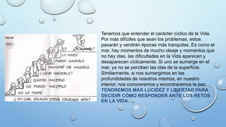 Tenemos que entender el carácter cíclico de la Vida.
Por más difíciles que sean los problemas, estos
pasarán y vendrán épocas más tranquilas. Es como el
mar, hay momentos de mucho oleaje y momentos que
no hay olas, las dificultades en la Vida aparecen y
desaparecen cíclicamente. Si uno se sumerge en el
mar, ya no se perciben las olas de la superficie.
Similarmente, si nos sumergimos en las
profundidades de nosotros mismos, en nuestro
interior, nos conoceremos y encontraremos la paz.
TENDREMOS MAS LUCIDEZ Y LIBERTAD PARA
DECIDIR CÓMO RESPONDER ANTE LOS RETOS
EN LA VIDA.
 