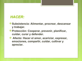 HACER:
 Subsistencia: Alimentar, procrear, descansar
y trabajar.
 Protección: Cooperar, prevenir, planificar,
cuidar, curar y defender.
 Afecto: Hacer el amor, acariciar, expresar,
emociones, compartir, cuidar, cultivar y
apreciar.
 