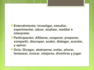  Entendimiento: Investigar, estudiar,
experimentar, aduar, analizar, meditar e
interpretar.
 Participación: Afiliarse, cooperar, proponer,
compartir, discrepar, acatar, dialogar, acordar,
y opinar.
 Ocio: Divagar, abstraerse, soñar, añorar,
fantasear, evocar, relajarse, divertirse y jugar.
 