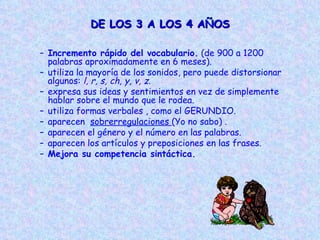 DE LOS 3 A LOS 4 AÑOS Incremento rápido del vocabulario.  (de 900 a 1200 palabras aproximadamente en 6 meses). utiliza la mayoría de los sonidos, pero puede distorsionar algunos:  l, r, s, ch, y, v, z .  expresa sus ideas y sentimientos en vez de simplemente hablar sobre el mundo que le rodea. utiliza formas verbales , como el GERUNDIO.  a parecen  sobrerregulaciones  (Yo no sabo)  . aparecen el género y el número en las palabras.  aparecen los artículos y preposiciones en las frases. Mejora su competencia sintáctica. 