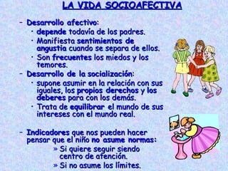 Desarrollo afectivo : depende  todavía de los padres. Manifiesta  sentimientos de angustia  cuando se separa de ellos. Son  frecuentes  los miedos y los temores. Desarrollo de la   socialización : supone asumir en la relación con sus iguales, los  propios derechos  y  los deberes  para con los demás. Trata de  equilibrar  el mundo de sus intereses con el mundo real.  Indicadores  que nos pueden hacer pensar que el niño  no asume normas: Si quiere seguir siendo centro de atención. Si no asume los límites.  LA VIDA SOCIOAFECTIVA 