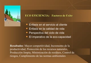 ECO EFICIENCIA: Factores de ExitoECO EFICIENCIA: Factores de Exito
 Enfasis en el servicio al cliente
 Enfasis en la calidad de vida
 Perspectiva del ciclo de vida
 El imperativo de la eco-capacidad
Resultados: Mayor competitividad, Incremento de la
productividad, Protección de los recursos naturales,
Producción limpia, Minimización de residuos, Control de
riesgos, Cumplimiento de las normas ambientales
 
