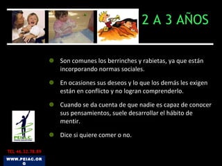 2 A 3 AÑOS Son comunes los berrinches y rabietas, ya que están incorporando normas sociales. En ocasiones sus deseos y lo que los demás les exigen están en conflicto y no logran comprenderlo. Cuando se da cuenta de que nadie es capaz de conocer sus pensamientos, suele desarrollar el hábito de mentir.  Dice si quiere comer o no. WWW.PEIAC.ORG TEL 46.32.78.89 