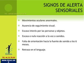SIGNOS DE ALERTA SENSORIALES Movimientos oculares anormales. Ausencia de seguimiento visual. Escaso interés por las personas y objetos. Escasa o nula reacción a la voz o sonidos.  Falta de orientación hacia la fuente de sonido a los 6 meses.  Retraso en el lenguaje.  PSIC. AMPARO MIRANDA SALAZAR WWW.PEIAC.ORG TEL 46.32.78.89 