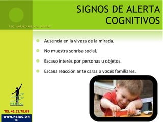 SIGNOS DE ALERTA COGNITIVOS Ausencia en la viveza de la mirada. No muestra sonrisa social. Escaso interés por personas u objetos. Escasa reacción ante caras o voces familiares. PSIC. AMPARO MIRANDA SALAZAR WWW.PEIAC.ORG TEL 46.32.78.89 