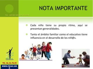 NOTA IMPORTANTE Cada niño tiene su propio ritmo, aquí se presentan generalidades. Tanto el ámbito familiar como el educativo tiene influencia en el desarrollo de los niñ@s.  PSIC. AMPARO MIRANDA SALAZAR WWW.PEIAC.ORG TEL 46.32.78.89 