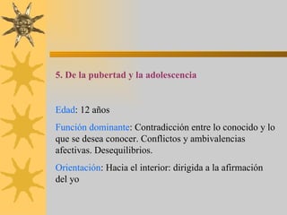 5. De la pubertad y la adolescencia


Edad: 12 años
Función dominante: Contradicción entre lo conocido y lo
que se desea conocer. Conflictos y ambivalencias
afectivas. Desequilibrios.
Orientación: Hacia el interior: dirigida a la afirmación
del yo
 