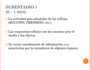 SUBESTADIO 1
(0 – 1 MES)
 La actividad gira alrededor de los reflejos
(SUCCIÓN, PRENSIÓN, etc.)
 Las respuestas reflejas son las mismas ante el
medio y los objetos
 No existe coordinación de información y se
caracteriza por la inmadurez de algunos órganos
 