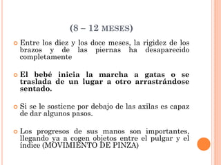 (8 – 12 MESES)
 Entre los diez y los doce meses, la rigidez de los
brazos y de las piernas ha desaparecido
completamente
 El bebé inicia la marcha a gatas o se
traslada de un lugar a otro arrastrándose
sentado.
 Si se le sostiene por debajo de las axilas es capaz
de dar algunos pasos.
 Los progresos de sus manos son importantes,
llegando ya a cogen objetos entre el pulgar y el
índice (MOVIMIENTO DE PINZA)
 