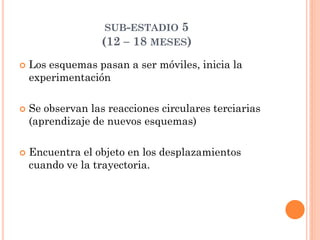 SUB-ESTADIO 5
(12 – 18 MESES)
 Los esquemas pasan a ser móviles, inicia la
experimentación
 Se observan las reacciones circulares terciarias
(aprendizaje de nuevos esquemas)
 Encuentra el objeto en los desplazamientos
cuando ve la trayectoria.
 