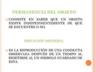 PERMANENCIA DEL OBJETO
 CONSISTE EN SABER QUE UN OBJETO
EXISTE INDEPENDIENTEMENTE DE QUE
SE ENCUENTRE O NO.
IMITACIÓN DIFERIDA.
 ES LA REPRODUCCIÓN DE UNA CONDUCTA
OBSERVADA DESPUÉS DE UN TIEMPO AL
REMITIRSE AL UN SIMBOLO GUARDADO DE
ESTA.
 