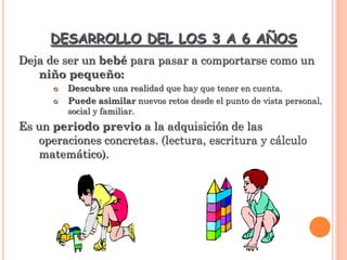 DESARROLLO DEL LOS 3 A 6 AÑOS
Deja de ser un bebé para pasar a comportarse como un
niño pequeño:
 Descubre una realidad que hay que tener en cuenta.
 Puede asimilar nuevos retos desde el punto de vista personal,
social y familiar.
Es un periodo previo a la adquisición de las
operaciones concretas. (lectura, escritura y cálculo
matemático).
 