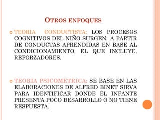 OTROS ENFOQUES
 TEORIA CONDUCTISTA: LOS PROCESOS
COGNITIVOS DEL NIÑO SURGEN A PARTIR
DE CONDUCTAS APRENDIDAS EN BASE AL
CONDICIONAMIENTO, EL QUE INCLUYE,
REFORZADORES.
 TEORIA PSICOMETRICA: SE BASE EN LAS
ELABORACIONES DE ALFRED BINET SIRVA
PARA IDENTIFICAR DONDE EL INFANTE
PRESENTA POCO DESARROLLO O NO TIENE
RESPUESTA.
 
