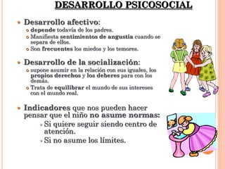  Desarrollo afectivo:
 depende todavía de los padres.
 Manifiesta sentimientos de angustia cuando se
separa de ellos.
 Son frecuentes los miedos y los temores.
 Desarrollo de la socialización:
 supone asumir en la relación con sus iguales, los
propios derechos y los deberes para con los
demás.
 Trata de equilibrar el mundo de sus intereses
con el mundo real.
 Indicadores que nos pueden hacer
pensar que el niño no asume normas:
 Si quiere seguir siendo centro de
atención.
 Si no asume los límites.
DESARROLLO PSICOSOCIAL
 