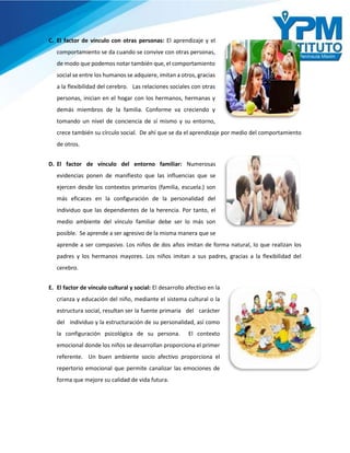 C. El factor de vínculo con otras personas: El aprendizaje y el
comportamiento se da cuando se convive con otras personas,
de modo que podemos notar también que, el comportamiento
social se entre los humanos se adquiere, imitan a otros, gracias
a la flexibilidad del cerebro. Las relaciones sociales con otras
personas, inician en el hogar con los hermanos, hermanas y
demás miembros de la familia. Conforme va creciendo y
tomando un nivel de conciencia de sí mismo y su entorno,
crece también su círculo social. De ahí que se da el aprendizaje por medio del comportamiento
de otros.
D. El factor de vínculo del entorno familiar: Numerosas
evidencias ponen de manifiesto que las influencias que se
ejercen desde los contextos primarios (familia, escuela.) son
más eficaces en la configuración de la personalidad del
individuo que las dependientes de la herencia. Por tanto, el
medio ambiente del vínculo familiar debe ser lo más son
posible. Se aprende a ser agresivo de la misma manera que se
aprende a ser compasivo. Los niños de dos años imitan de forma natural, lo que realizan los
padres y los hermanos mayores. Los niños imitan a sus padres, gracias a la flexibilidad del
cerebro.
E. El factor de vínculo cultural y social: El desarrollo afectivo en la
crianza y educación del niño, mediante el sistema cultural o la
estructura social, resultan ser la fuente primaria del carácter
del individuo y la estructuración de su personalidad, así como
la configuración psicológica de su persona. El contexto
emocional donde los niños se desarrollan proporciona el primer
referente. Un buen ambiente socio afectivo proporciona el
repertorio emocional que permite canalizar las emociones de
forma que mejore su calidad de vida futura.
 
