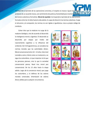 corresponde al periodo de las operaciones concretas, el respeto es mutuo e igual entre todos,
producto de un acuerdo mutuo, con sentimiento de justicia y honestidad para mantener el orden
de manera colectiva y formalista. Moral de equidad. Corresponde al periodo de las operaciones
formales entre los 12 años hasta la vida adulta. Es capaz de discernir las normas colectivas. Surge
el altruismo y la compasión, las normas no son rígidas e igualitarias, crea su propio código de
conducta.
Colver dice que la madurez no surge de la
madurez biológico, sino de acuerdo al desarrollo
la inteligencia moral y cognitivo. El desarrollo se
desarrolla por etapas por medio del
razonamiento cognitivo y la influencia del
ambiente. De 4-10 egocéntricos, se considera las
normas morales que las autoridades dicten.
Moral convencional entre 10 – 13 años. Este nivel
considera como criterio como se involucren y se
sigue las costumbres. Lo que importan no lo que
las personas piensan, sino lo que la sociedad
convencional piensa. Nivel tres moral pos
convencional. De los 13 años hasta la etapa
adulta. Logro de la conciencia moral, que juzga
las costumbres, y la defensa de los valores
morales universales. Orientación de valores
éticos válidas para cualquier circunstancia.
 