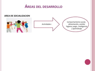 ÁREAS DEL DESARROLLO

AREA DE SOCIALIZACION

                                          Comportamiento social,
                         Actividades :      alimentación, vestido
                                         higiene, juego, inteligencia
                                                y aprendizaje.
 