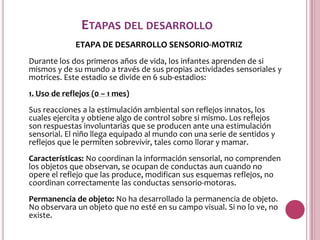 ETAPAS DEL DESARROLLO
             ETAPA DE DESARROLLO SENSORIO-MOTRIZ
Durante los dos primeros años de vida, los infantes aprenden de si
mismos y de su mundo a través de sus propias actividades sensoriales y
motrices. Este estadio se divide en 6 sub-estadios:
1. Uso de reflejos (0 – 1 mes)
Sus reacciones a la estimulación ambiental son reflejos innatos, los
cuales ejercita y obtiene algo de control sobre si mismo. Los reflejos
son respuestas involuntarias que se producen ante una estimulación
sensorial. El niño llega equipado al mundo con una serie de sentidos y
reflejos que le permiten sobrevivir, tales como llorar y mamar.
Características: No coordinan la información sensorial, no comprenden
los objetos que observan, se ocupan de conductas aun cuando no
opere el reflejo que las produce, modifican sus esquemas reflejos, no
coordinan correctamente las conductas sensorio-motoras.
Permanencia de objeto: No ha desarrollado la permanencia de objeto.
No observara un objeto que no esté en su campo visual. Si no lo ve, no
existe.
 