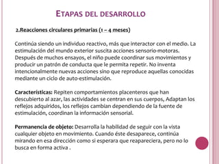 ETAPAS DEL DESARROLLO
2.Reacciones circulares primarias (1 – 4 meses)

Continúa siendo un individuo reactivo, más que interactor con el medio. La
estimulación del mundo exterior suscita acciones sensorio-motoras.
Después de muchos ensayos, el niño puede coordinar sus movimientos y
producir un patrón de conducta que le permita repetir. No inventa
intencionalmente nuevas acciones sino que reproduce aquellas conocidas
mediante un ciclo de auto-estimulación.

Características: Repiten comportamientos placenteros que han
descubierto al azar, las actividades se centran en sus cuerpos, Adaptan los
reflejos adquiridos, los reflejos cambian dependiendo de la fuente de
estimulación, coordinan la información sensorial.

Permanencia de objeto: Desarrolla la habilidad de seguir con la vista
cualquier objeto en movimiento. Cuando éste desaparece, continúa
mirando en esa dirección como si esperara que reapareciera, pero no lo
busca en forma activa .
 