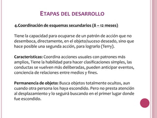 ETAPAS DEL DESARROLLO
4.Coordinación de esquemas secundarios (8 – 12 meses)

Tiene la capacidad para ocuparse de un patrón de acción que no
desemboca, directamente, en el objeto/suceso deseado, sino que
hace posible una segunda acción, para lograrlo (Terry).

Características: Coordina acciones usuales con patrones más
amplios, Tiene la habilidad para hacer clasificaciones simples, las
conductas se vuelven más deliberadas, pueden anticipar eventos,
conciencia de relaciones entre medios y fines.

Permanencia de objeto: Busca objetos totalmente ocultos, aun
cuando otra persona los haya escondido. Pero no presta atención
al desplazamiento y lo seguirá buscando en el primer lugar donde
fue escondido.
 