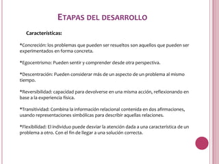 ETAPAS DEL DESARROLLO
   Características:

*Concreción: los problemas que pueden ser resueltos son aquellos que pueden ser
experimentados en forma concreta.

*Egocentrismo: Pueden sentir y comprender desde otra perspectiva.

*Descentración: Pueden considerar más de un aspecto de un problema al mismo
tiempo.

*Reversibilidad: capacidad para devolverse en una misma acción, reflexionando en
base a la experiencia física.

*Transitividad: Combina la información relacional contenida en dos afirmaciones,
usando representaciones simbólicas para describir aquellas relaciones.

*Flexibilidad: El individuo puede desviar la atención dada a una característica de un
problema a otro. Con el fin de llegar a una solución correcta.
 