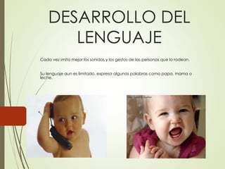 DESARROLLO DEL
LENGUAJE
Cada vez imita mejor los sonidos y los gestos de las personas que lo rodean.
Su lenguaje aun es limitado, expresa algunas palabras como papa, mama o
leche.
 