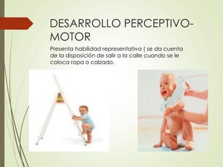 DESARROLLO PERCEPTIVO-
MOTOR
Presenta habilidad representativa ( se da cuenta
de la disposición de salir a la calle cuando se le
coloca ropa o calzado.
 