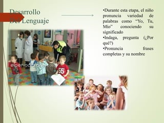 Desarrollo
Del Lenguaje
•Durante esta etapa, el niño
pronuncia variedad de
palabras como “Yo, Tu,
Mío” conociendo su
significado
•Indaga, pregunta (¿Por
qué?)
•Pronuncia frases
completas y su nombre
 
