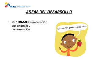 AREAS DEL DESARROLLO
• LENGUAJE: comprensión
del lenguaje y
comunicación

 