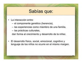 Sabías que:
•  La interacción entre:
–  el componente genético (herencia),
–  las experiencias como miembro de una familia,
–  las prácticas culturales,
dan forma al crecimiento y desarrollo de la niñez.
•  El desarrollo físico, social, emocional, cognitivo y
lenguaje de los niños no ocurre en el mismo margen.
12
 