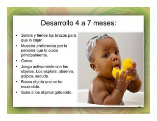 Desarrollo 4 a 7 meses:
•  Sonríe y tiende los brazos para
que lo cojan.
•  Muestra preferencia por la
persona que lo cuida
principalmente.
•  Gatea.
•  Juega activamente con los
objetos. Los explora, observa,
golpea, sacude.
•  Busca objeto que se ha
escondido.
•  Sube a los objetos gateando.
20
 