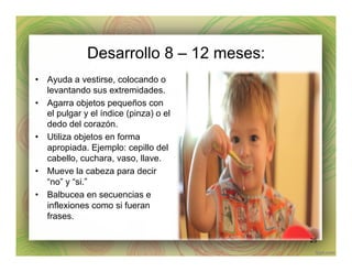 Desarrollo 8 – 12 meses:
•  Ayuda a vestirse, colocando o
levantando sus extremidades.
•  Agarra objetos pequeños con
el pulgar y el índice (pinza) o el
dedo del corazón.
•  Utiliza objetos en forma
apropiada. Ejemplo: cepillo del
cabello, cuchara, vaso, llave.
•  Mueve la cabeza para decir
“no” y “si.”
•  Balbucea en secuencias e
inflexiones como si fueran
frases.
25
 
